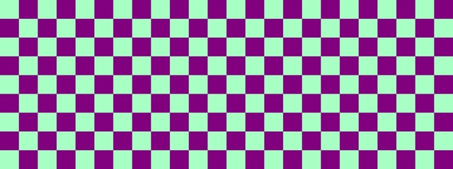 Checkerboard banner. Purple and Mint colors of checkerboard. Small squares, small cells. Chessboard, checkerboard texture. Squares pattern. Background.