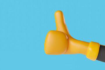 Yellow cartoon glove with thumbs up hand gesture against blue background. Colorful, funny and friendy gestures. 3D rendering.