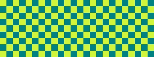 Checkerboard banner. Teal and Lime colors of checkerboard. Small squares, small cells. Chessboard, checkerboard texture. Squares pattern. Background.