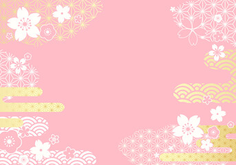桜と和柄の雲の抽象的なベクターイラスト背景(アブストラクト,シンプル,カード)
