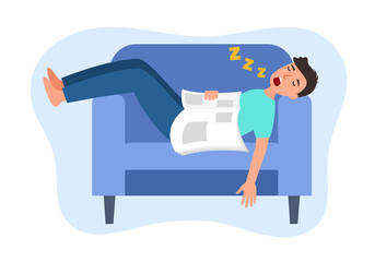 Young man fell asleep on sofa while reading in flat design.