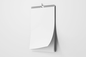 hanging blank clay white vertical wall wire bound calendar realistic mockup perspective view with flipping pages 3d rendering 3d illustration