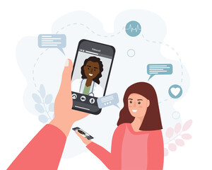 Online consultation with a doctor. Video call with a medical specialist on your phone screen. vector flat illustration