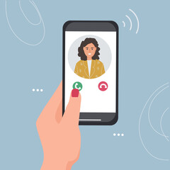 A hand holds a smartphone with an incoming call. Portrait of a person from contacts on the phone screen. Mobile applications and Internet technology. Vector flat illustration
