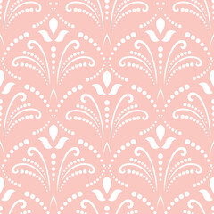 Floral pink and white ornament. Seamless abstract classic background with flowers. Pattern with repeating floral elements. Ornament for fabric, wallpaper and packaging
