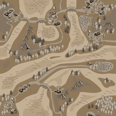A sample of a seamless pattern that simulates an old sepia map with cities, villages, rivers,