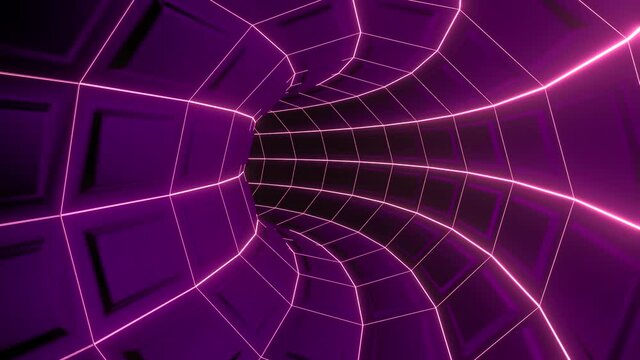 Neon tunnel.Design. A long pink-purple path in abstraction with glowing lines and squares that moves.