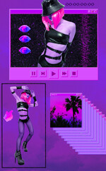 Contemporary digital collage wallpaper. Urban girls back in 90s style. Trendy vapor wave creative space. Fashion, party, gaming, clubbing concept
