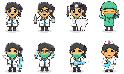 Vector illustrations of Cute Girl with doctor costume. Adorable kids doctor set. Smiling little Girl dressed as doctors.