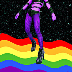 Contemporary digital collage art. Urban girls back in 90s style. Creative rainbow cosmic space....