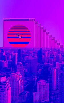 Contemporary digital collage wallpaper. Back in 90s style. Vapor wave sity creative space. Fashion, party, clubbing, retro concept