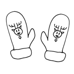 Christmas mittens. Black and white doodle.