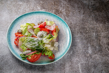 Serving a dish from the restaurant menu. Fresh salad of vegetables, tomatoes, radishes and onions on a blue plate against a gray stone table, a tasty appetizer