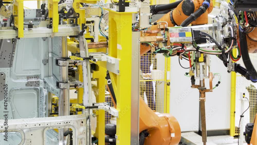 Poster robotic technology in production of machine parts. scene. robotic machines are working on creation o