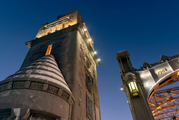 One of the tower of The Bolsheokhtinsky Bridge across The Neva River. Was built in the beginning of 20 century. Saint-Petersburg. Russia