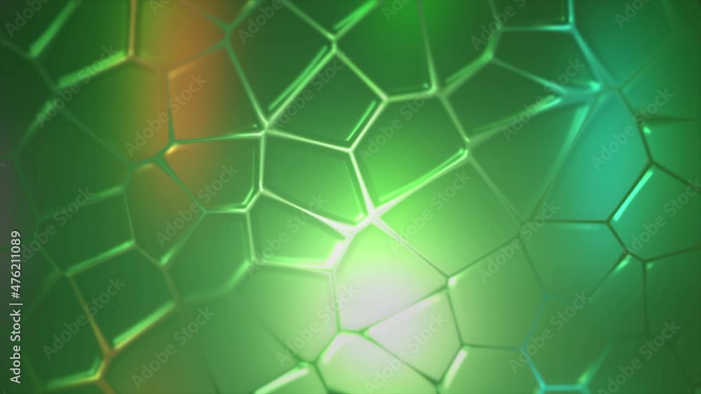 Poster spinning surface with rows of hexagons, seamless loop. motion. concept of connection, rotating green
