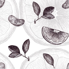 Seamless pattern with oranges. Black and white illustration. Illustration for menu,drinks, package.