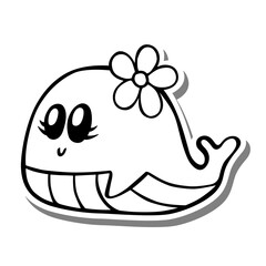 Cute cartoon Girl Whale and flower on head Monochrome. Doodle on white silhouette and gray shadow. Vector illustration about aquatic animals for any design.