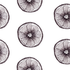 Seamless pattern with oranges. Black and white illustration. Repeat ornament. Illustration for menu,drinks.