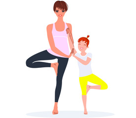 Mother and daughter doing fitness exercise together at home. Woman and girl standing one leg supporting each other. 
