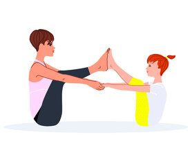 Woman and a child doing yoga leg and back stretching exercise together. 