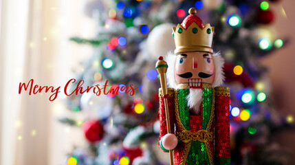 soldatino natalizio su sfondo di albero di natale illuminato con lucine colorate e copy space