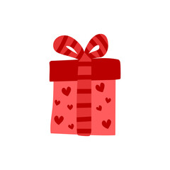 Vector cute gift box with hearts. Present with bow and striped ribbon.