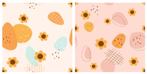 Seamless pattern with hand drawn Easter eggs and cute sunflower on pastel pink background vector.