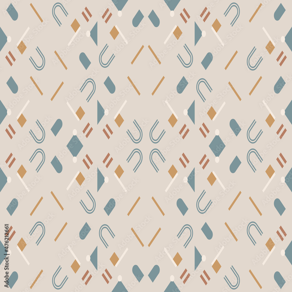 Poster Modern  abstract  geometric background with circles, rectangles and squares  in retro scandinavian style. Pastel colored simple shapes graphic seamless pattern. Abstract mosaic artwork.