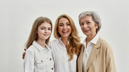 Smiling european family of three females hugging