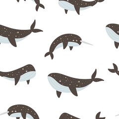 Seamless pattern with cartoon whale, narwhal stars. Colorful vector flat style. hand drawing. design for print, wrapper, fabric.