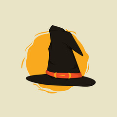 Illustration of a black witch granny hat with yellow magic on the back
