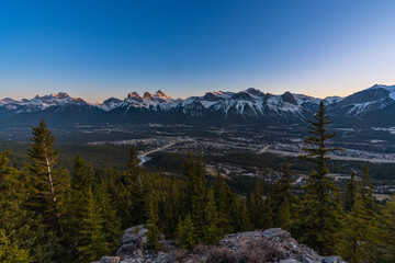 iew of Bow Valley and Mountain Tops above Town of Canmore, Alberta near Banff National Park in Canadian Rockies from Mount Lady MacDonald