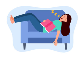 Young woman fell asleep on sofa while reading book in flat design.