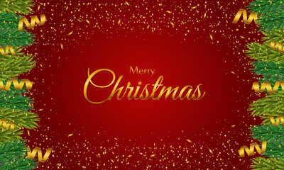 MERRY CHRİSTMAS ON RED BACKGROUND WİTH SPRUCE BRANCHES