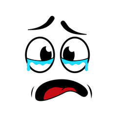 Face cry. Icon of sad or cry emoji. Cartoon face with emoticon. Comic character with eyes, tears, mouth. Unhappy, pain crying human. Vector illustration.