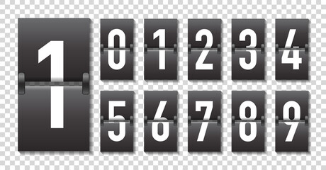 Countdown with turn over numbers. Counter of timer. Clock scoreboard and panel of date. Mechanical analogue numbers for airport, departure, dashboard. Movement font. Vector