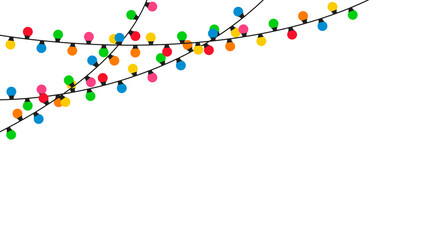 Light bulbs or garlangs. Flat holiday decoration, party design. Blue, red, yellow bright lamp hanging on string. Cartoon christmas banner with lightbulds. vector