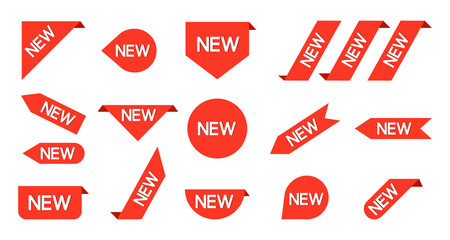 Tag of new on label. Sticker and banner for new product, offer and price. Red badge for sale and promotion. Icon for etiquette. Different ribbons and shapes for discount. Vector.