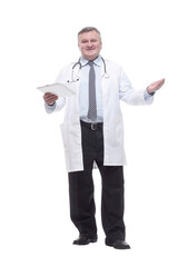 competent doctor with clipboard. isolated on a white background.