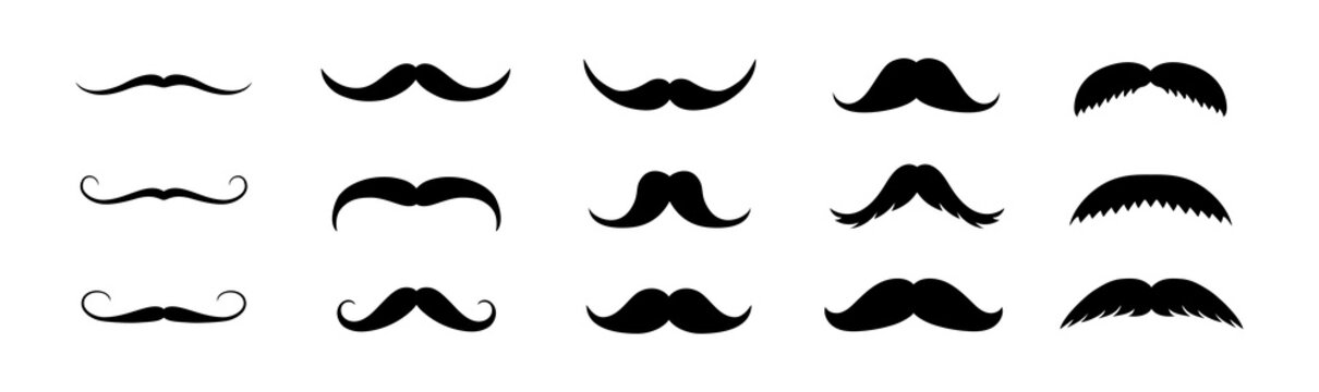 Set of mustache icon. Black mustache silhouette. Mens facial hair or beards. Collection of whisker for design on father day. vector