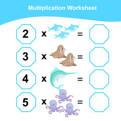 Fototapeta na wymiar Multiplication Worksheet for children. Counting math worksheet. Printable math worksheet. First grade education worksheet. Vector illustration.
