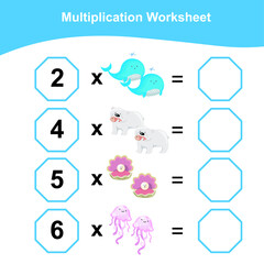 Multiplication Worksheet for children. Counting math worksheet. Printable math worksheet. First grade education worksheet. Vector illustration.