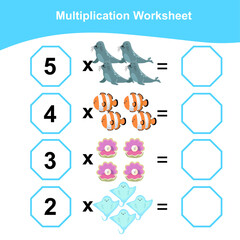 Multiplication Worksheet for children. Counting math worksheet. Printable math worksheet. First grade education worksheet. Vector illustration.