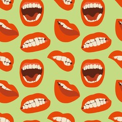 Different mouths on a green background. Seamless pattern. Hand drawn vector illustration. Cartoon style. Flat design. Square seamless pattern. Background, wallpaper.