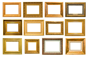 set of various wide golden wooden picture frames