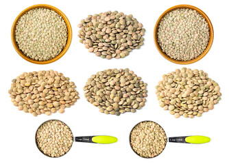set of various green lentils cutout on white