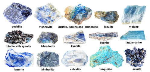 set of various blue unpolished stones with names