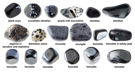 set of various tumbled black stones with names