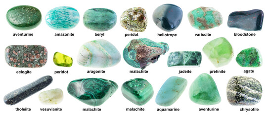set of various polished green rocks with names